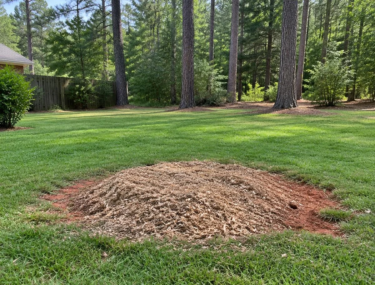Neat pile of stump grindings in a lawn