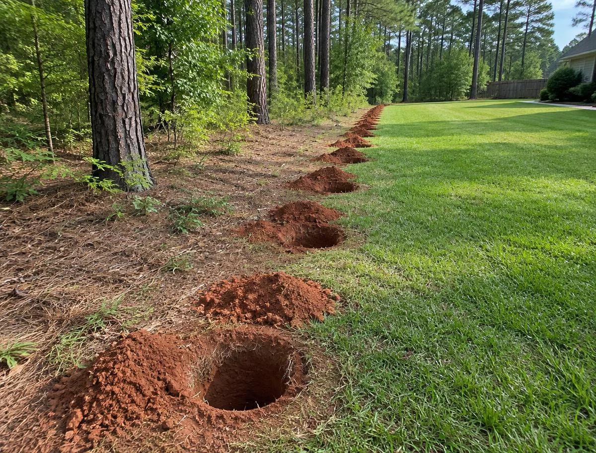 Freshly augered fence post holes
